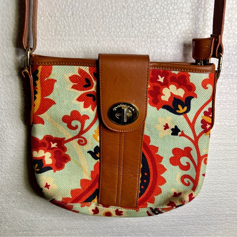 Spartina 449 Paisley Floral Linen Crossbody Bag Leather Trim Boho Coastal - Picture 6 of 16